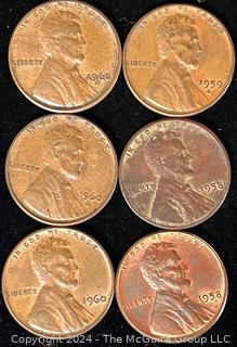 Six (6) Lincoln Head Wheat Cent Coins: 1958-1959-1960 various mint marks P-D 