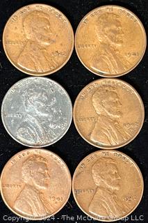 Six (6) Lincoln Head Wheat Cent Coins: 1941-1942-1943 various mint marks P-D-S 