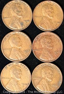 Six (6) Lincoln Head Wheat Cent Coins: 1929-1930-1931 various mint marks P-D-S