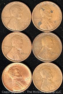 Six (6) Lincoln cents: 1909; 1909 VDB (nice condition); 1910; 1911; 1912; 1913; 1914