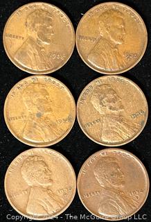 Six (6) Lincoln Head Wheat Cent Coins: 1934-1935-1936 various mint marks P-D-S