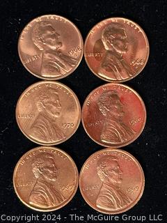 Six (6) Lincoln Head Memorial Cent Coins: 1968-1969-1970 various mint marks P-D-S 