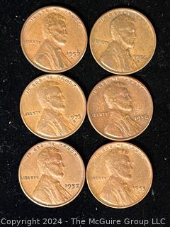 Six (6) Lincoln Head Wheat Cent Coins: 1955-1956-1957 P-D-S