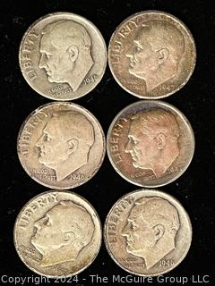 Six (6) 1946-1947 P-D-S Roosevelt Silver Dime Coins