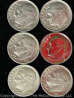 Six (6) 1965-1966-1967-1968 P-D-S Roosevelt Dime Coins 