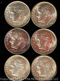 Six (6) 1961-1963 P-D Roosevelt Dime Coins 