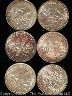 Six (6) 1961-1963 P-D Roosevelt Dime Coins 