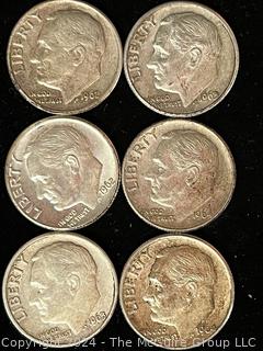 Six (6) 1962-1963-1964 P-D Roosevelt Silver Dime Coins