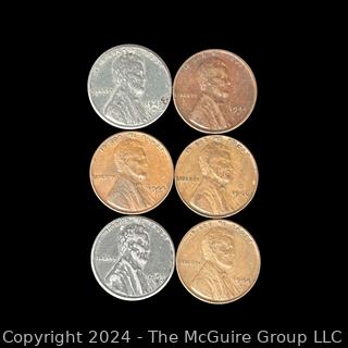 Six (6) Lincoln Head Wheat Cent Coins: 1943-1944-1946 various mint marks P-D-S