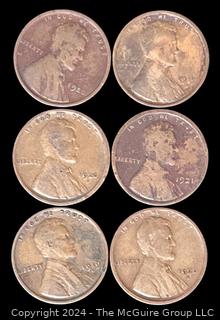 Six (6) Lincoln Head Wheat Cent Coins: 1919-1920-1921 various mint marks P-D-S 