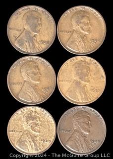 Six (6) Lincoln Head Wheat Cent Coins: 1927-1928-1929 various mint marks P-D-S