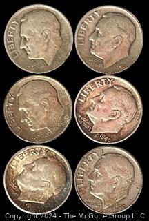 Six (6) 1948-1949 P-D-S Roosevelt Silver Dime Coins 