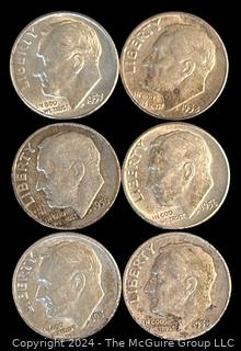 Six (6) 1956-1957-1958 P-D Roosevelt Silver Dime Coins  