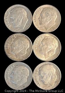 Six (6) 1952-1953 P-D-S Roosevelt Silver Dime Coins  