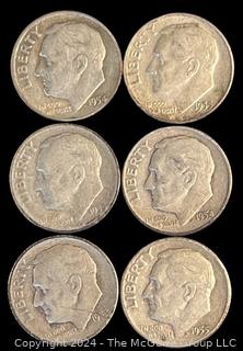 Six (6) 1952-1954-1955 P-D-S Roosevelt Silver Dime Coins 