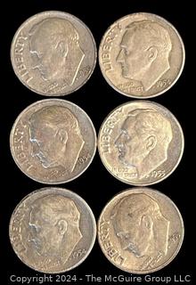 Six (6) 1954-1955 P-D-S Roosevelt Silver Dime Coins 