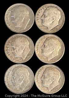 Six (6) 1946-1947 P-D-S Roosevelt Silver Dime Coins