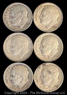 Six (6) 1948-1950 P-D-S Roosevelt Silver Dime Coins 