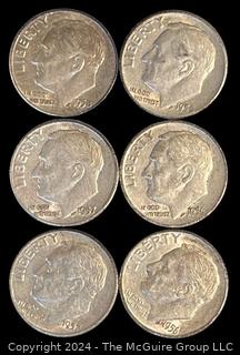 Six (6) 1956-1958 P-D Roosevelt Silver Dime Coins 