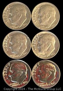 Six (6) 1969-1970 P-D-S Roosevelt Dime Coins 