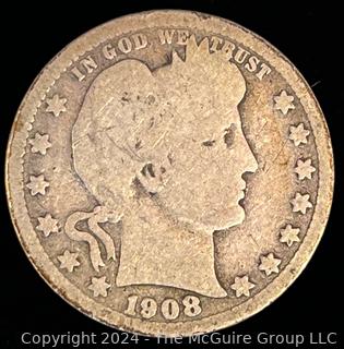 1908 -0 Barber Quarter Dollar Coin