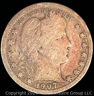 1907 -D Barber Quarter Dollar Coin