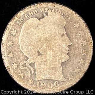 1906 -0 Barber Quarter Dollar Coin