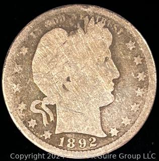 1892-P Barber Quarter Dollar Coin