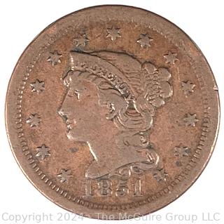 1851 US Liberty Coronet Head Large Cent Coin