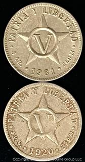 Two (2) 1920 & 1961 Cuba 5 Centavos Coins 