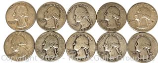 Ten (10) Washington Quarter Coins P-D-S 1940's-1960's (90% silver) 