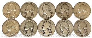 Ten (10) Washington Quarter Coins P-D-S 1940's-1960's (90% silver) 