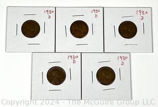 Five (5) Lincoln Head Wheat Cent Coins: 1930 various mint marks P-D