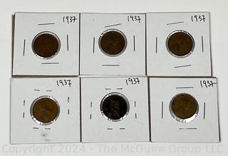 Six (6) Lincoln Head Wheat Cent Coins: 1937-P 