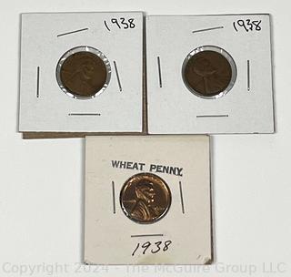 Three (3) Lincoln Head Wheat Cent Coins: 1938 