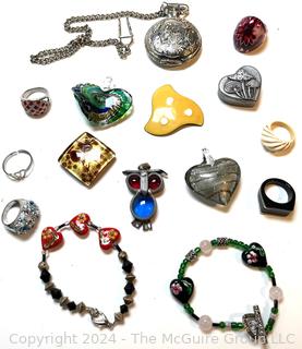 Group of Costume and Art Glass Jewelry Including Owl Brooch and Lampwork Heart Pendants