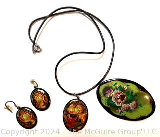 Russian Hand Painted Lacquer Jewelry Including Brooch, Pendant and Earrings