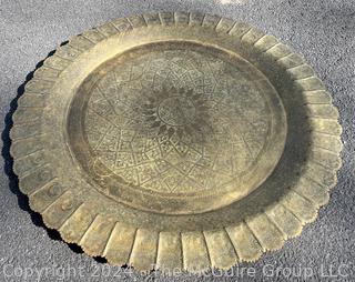 Large Etched Moroccan Brass Serving Tray with Fluted Edge on Wood Folding Base. 40" diameter.