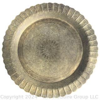 Large Etched Moroccan Brass Serving Tray with Fluted Edge on Wood Folding Base. 40" diameter.