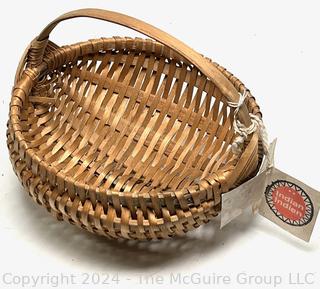 Hand Woven Black Ash Gathering Basket made by the Canadian Mic Mac Tribe with Hang Tag. 6" Oval with Carved Handle.