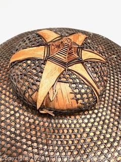 Traditional Wide Brimmed Salakot Philippine Rattan Hat, Some Damage.  19" diameter.