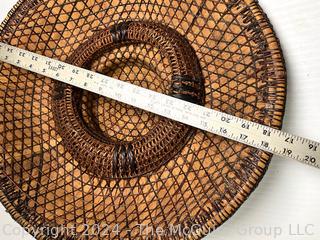 Traditional Wide Brimmed Salakot Philippine Rattan Hat, Some Damage.  19" diameter.