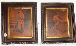 Pair of Walnut Framed Oil on Canvas of Man & Woman at Work, Signed by Artist Charles Blanc, 1865.  10" x 14" 