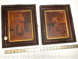 Pair of Walnut Framed Oil on Canvas of Man & Woman at Work, Signed by Artist Charles Blanc, 1865.  10" x 14" 