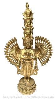 Heavy Gilt Painted Cast Metal Eleven Headed Thousand Armed Avalokiteshvara, God of Compassion,  Statue. 21" tall