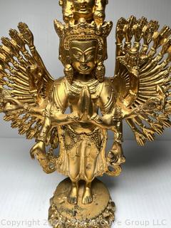 Heavy Gilt Painted Cast Metal Eleven Headed Thousand Armed Avalokiteshvara, God of Compassion,  Statue. 21" tall