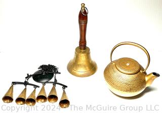 Brass Hand Bell, Stoneware Tea Pot and Wind Chimes