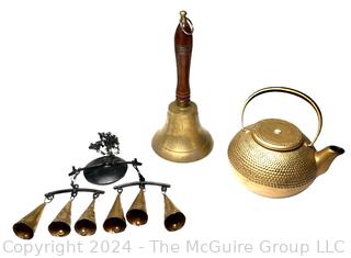 Brass Hand Bell, Stoneware Tea Pot and Wind Chimes