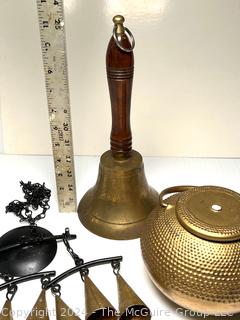 Brass Hand Bell, Stoneware Tea Pot and Wind Chimes