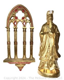 Two(2) Gold Painted Chinese Decorative Items Including Gothic Revival Niche Surround and Ceramic Emperor God Statue.